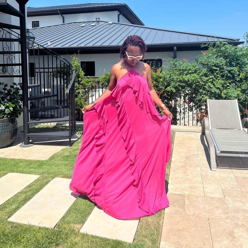 ASOS DESIGN halter tiered ruffle maxi dress in pink